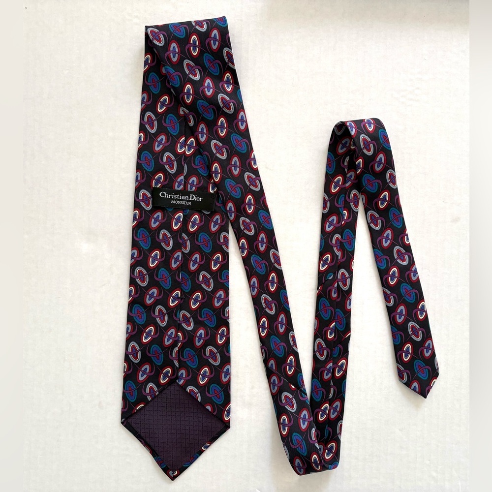 Christian Dior VINTAGE Tie White Red and Blue Circles Pattern Designer Classic